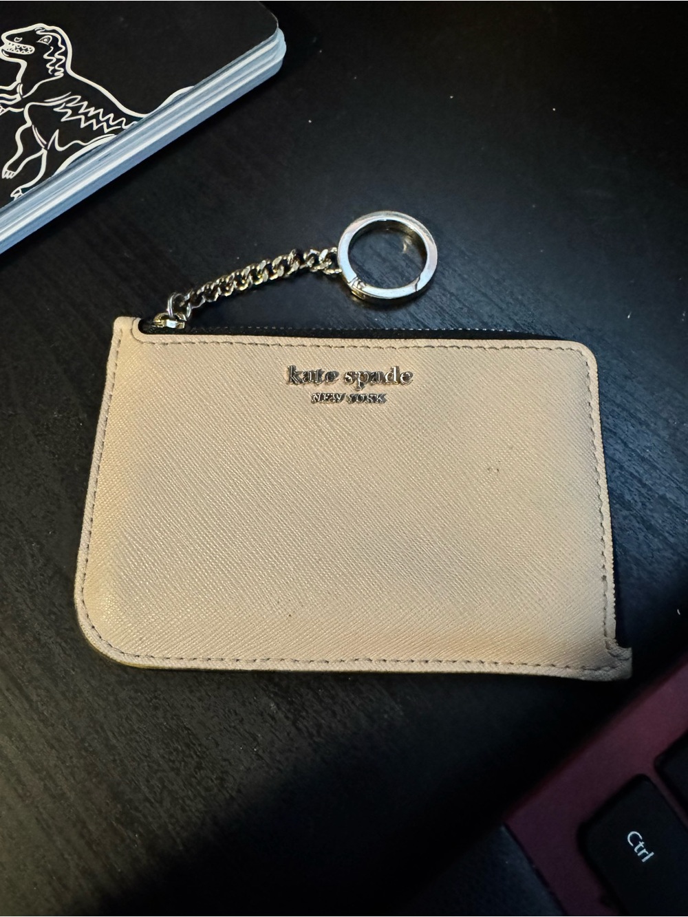 kate spade Neutral Beige Saffiano Leather Key Card Holder with Chain